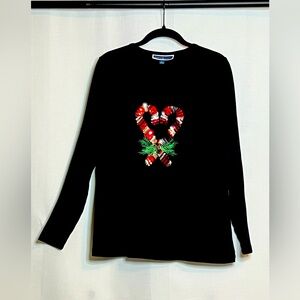 Women's Black Long Sleeved Shirt with Sequined Candy Canes